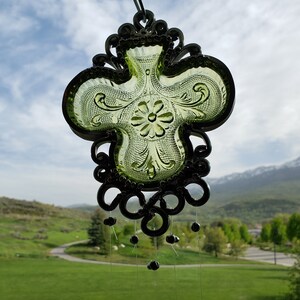 Green Shamrock Vintage dish Upcycled into a Windchime image 8