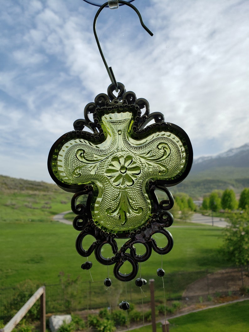 Green Shamrock Vintage dish Upcycled into a Windchime image 7