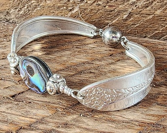 Spoon Bracelet - Stunning Silverware Bracelet with Genuine Abalone-Size Small (6 1/2")