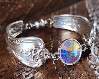 Spoon Bracelet - Stunning Silverware Bracelet with A Genuine Swarovski Crystal -Size Medium (6 1/2")