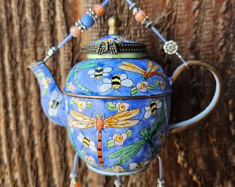 Dragonfly and Bee Mini Teapot Windchime