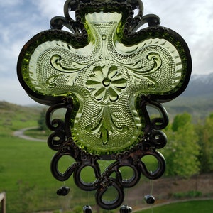 Green Shamrock Vintage dish Upcycled into a Windchime image 1