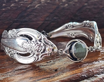 Spoon Bracelet - Stunning Silverware Bracelet With faceted Labradorite -Size Large (7 1/4")