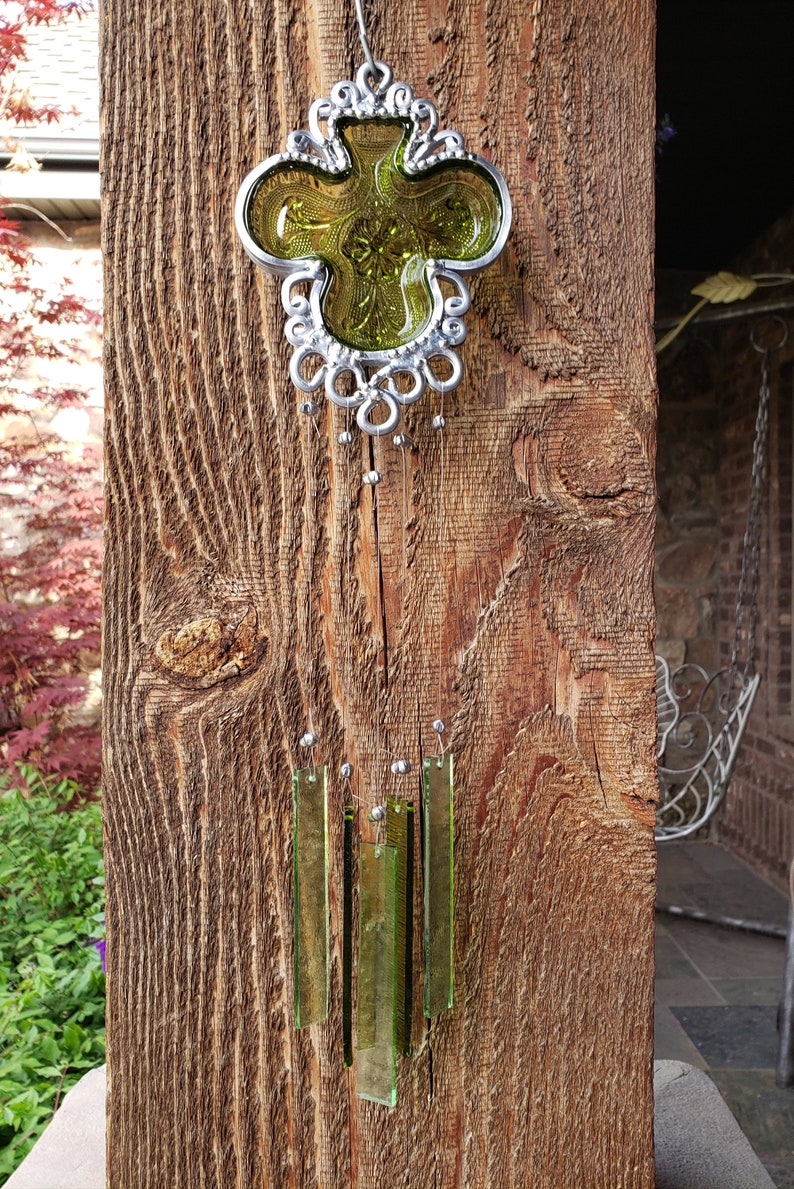 Green Shamrock Vintage dish Upcycled into a Windchime image 4