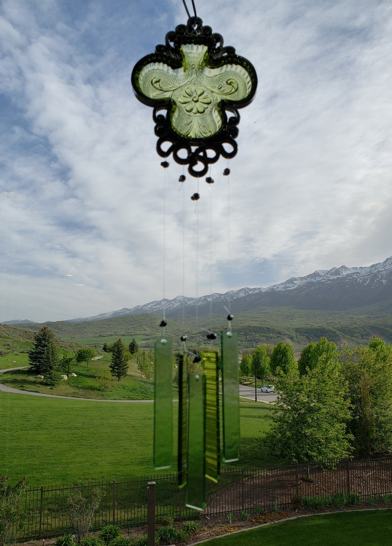 Green Shamrock Vintage dish Upcycled into a Windchime image 9