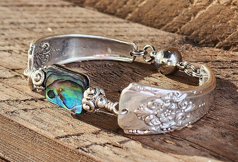 Spoon Bracelet Stunning Silverware Bracelet with Genuine Abalone-Size Small 6 1/4 image 4