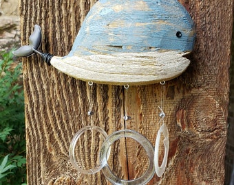 Blue Whale and Bottle Ring Driftwood Wind Chime