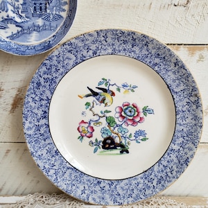 blue transferware bird plate , antique hand painted transferware Ashworth Bros. Rennes Border plate , chinoiserie plate wall decor