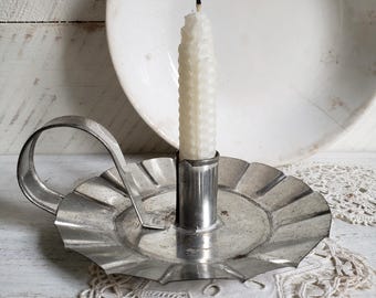 tin chamberstick , vintage tinware candleholder , primitive farmhouse decor