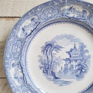 antique ironstone transferware plate , Thomas Walker England &#39;Kan-Su&#39; circa 1835-51 , blue transferware chinoiserie plate wall decor