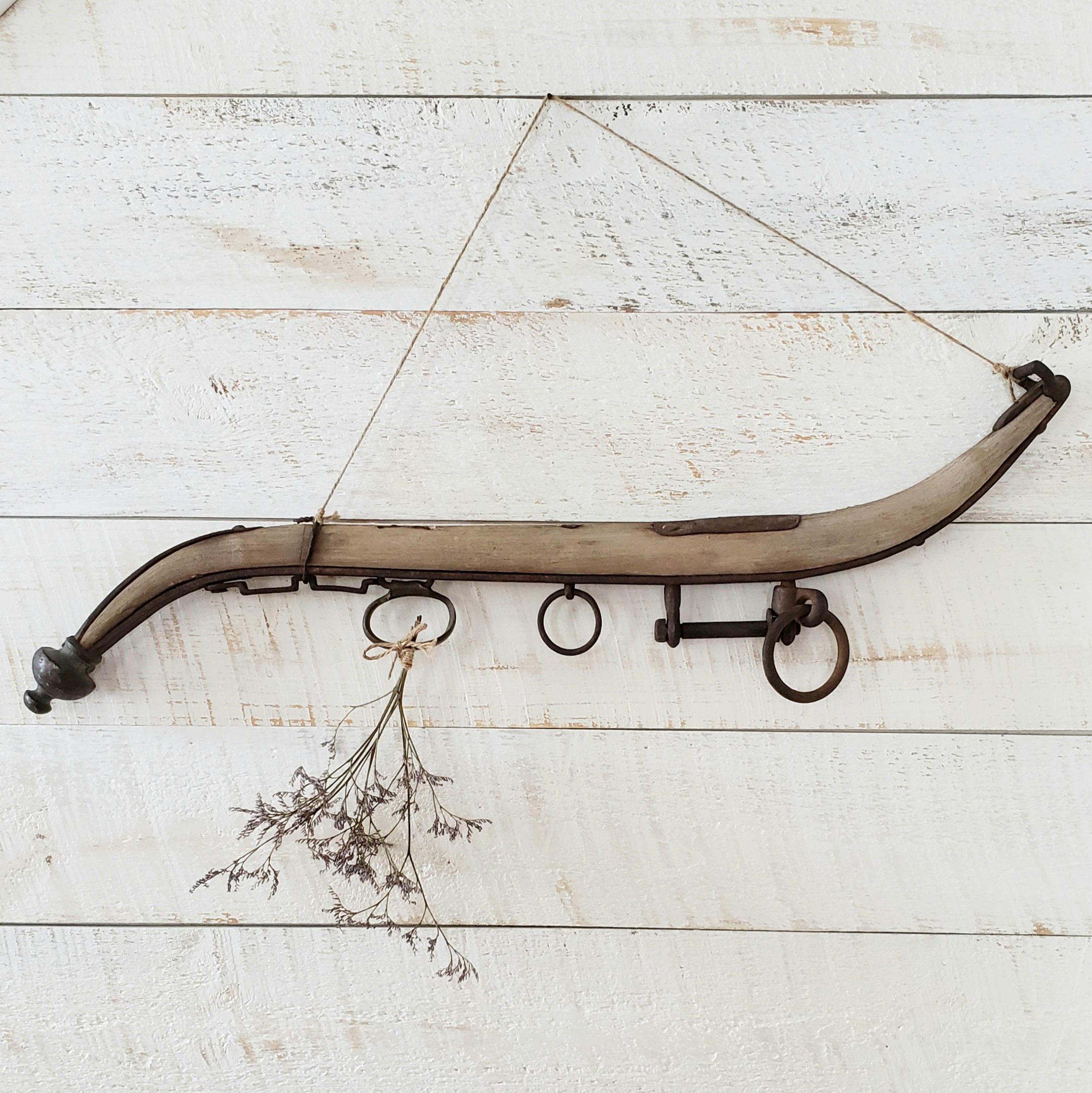 antique horse hame wall hanging , iron wood horse harness with finial tip , farmhouse wall decor