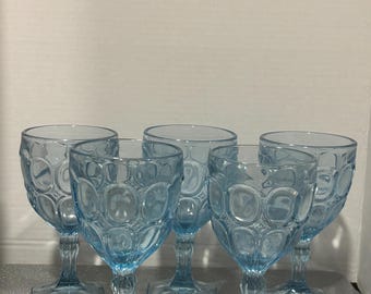 Vintage Fostoria Moonstone Blue Wine Goblets (Set of 5)