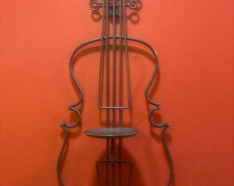 VTG Mid-Century Metal Violin Candle Holder, Copper Tone Wall Art