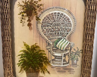 Vintage 1970s Wicker Peacock Chair Wall Hanging – 3D Illustration, Boho Plants