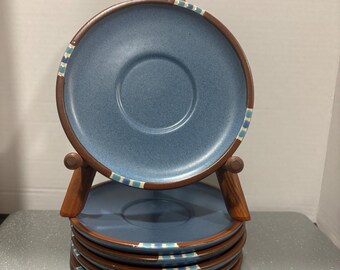 Dansk Mesa Sky Blue Stoneware Saucers (Set of 7), 1980s Retro Pattern