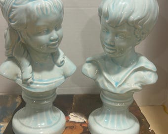 Mid Century Victorian Revival Ceramic Children Busts Set - Dated 1974 Signed "Barb".