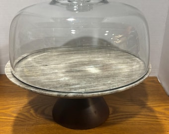 VTG Marble and Wood Cake Stand with a Glass Dome