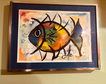 Happy As Fish Watercolor Art Print, Louise Stewart Brown, Signed Framed (17x13 inches)