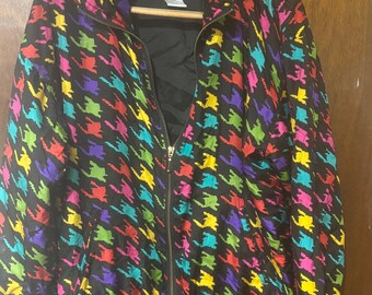 Vintage 90s EVR Div Rousso Silk Houndstooth Bomber Jacket/ Windbreaker. 100% silk. Sz XL