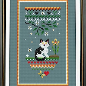 Kat kruissteekpatroon: eenvoudig bloemenborduurontwerp (pdf-download)