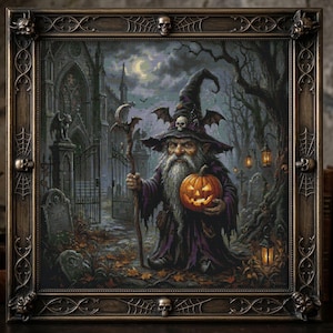 May include: A framed cross-stitch artwork depicting a wizard with a long white beard, wearing a pointed hat with bat wings and a skull, holding a glowing jack-o'-lantern and a staff. The scene features a gothic cathedral, tombstones, and trees.