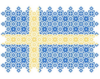 Quaker Sampler Cross Stitch Sweden Flag tiled patchwork squares patriotic design, PDF counted chart