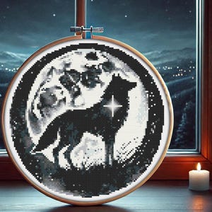 Wolf Silhouette Cross Stitch Pattern: Moon Embroidery Design (Digital PDF)