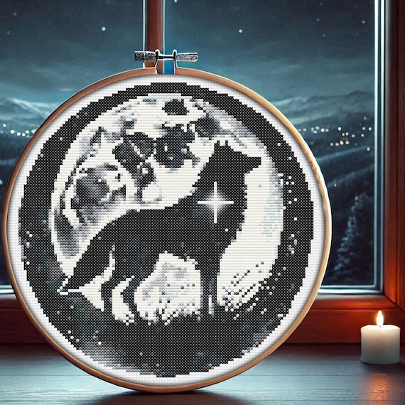 Wolf Silhouette Cross Stitch Pattern: Moon Embroidery Design (Digital PDF)