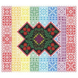 May include: A colorful, cross-stitch pattern featuring a central black design with red flowers and green leaves. The border is a rainbow of colors, with square patterns in red, yellow, green, and blue. The overall design is symmetrical and detailed.