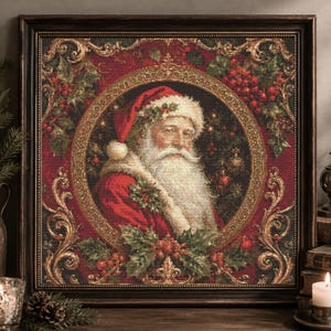May include: A square framed tapestry featuring a portrait of Santa Claus with a white beard and red hat, centered within a circular gold border. The background is deep red with holly leaves and red berries, enclosed in an ornate dark frame.