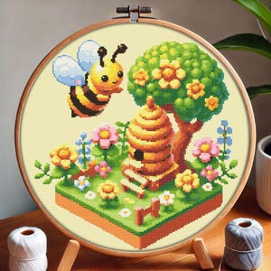 May include: Cross stitch pattern of a bee, a beehive, and flowers in a whimsical, pixelated style. The bee is yellow and black with a cute face. The beehive is brown and yellow with a small entrance. The flowers are pink, yellow, and white.