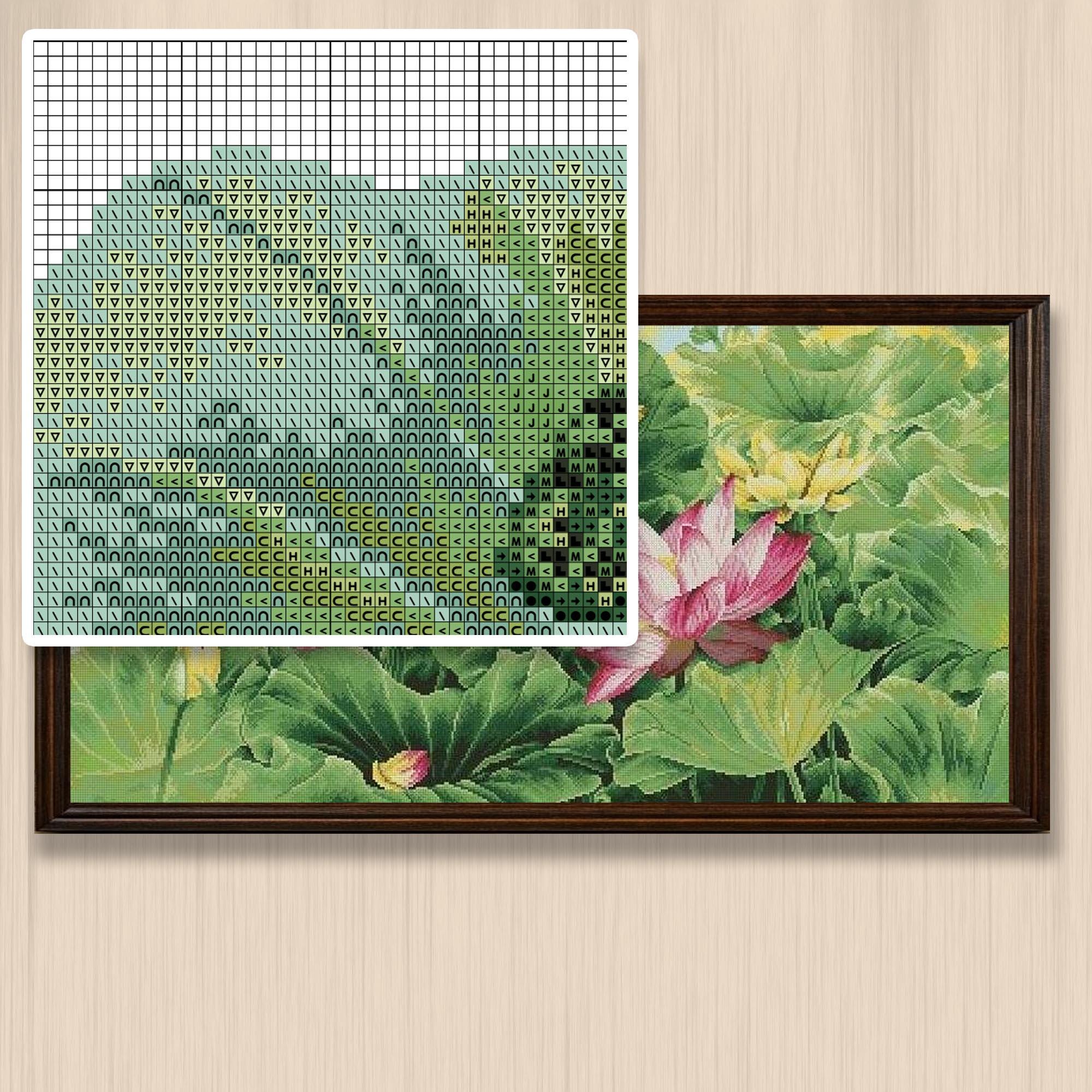 蓮の花のクロスステッチパターン：花の刺繍デザイン（PDFダウンロード