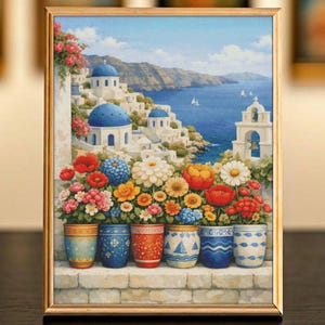 Max Size Santorini Cross Stitch Pattern, Greek Island Seaside PDF, Mediterranean Flowers, Greece Village, Coastal Landscape Summer Stitching
