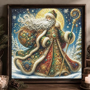 May include: A framed wall art print depicting a figure with a long white beard wearing an ornate, floor-length green and red coat with gold trim and fur accents. The figure holds a tall gold staff against a snowy forest background with a large moon.