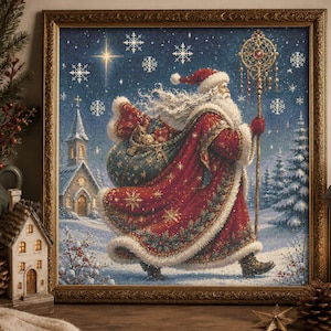 May include: A framed wall art print depicting Santa Claus in a red fur-trimmed coat and hat, carrying a large sack filled with gifts. He holds a tall golden staff in a snowy landscape with a church, pine trees, and glowing snowflakes.