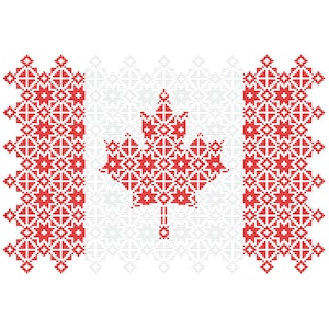 Cuadros de patchwork con diseño patriótico de la bandera de Canadá en punto de cruz de Quaker Sampler, gráfico contado en PDF