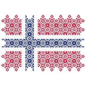 Cuadros de patchwork con diseño patriótico de la bandera de Noruega, con diseño de Quaker Sampler Cross Stitch, gráfico contado en PDF