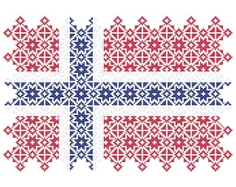 Quaker Sampler Cross Stitch Norway Flag tiled patchwork squares patriotic design, PDF counted chart