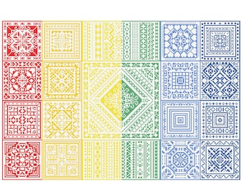 Schema punto croce Quaker Sampler: motivo a piastrelle arcobaleno (schema PDF)