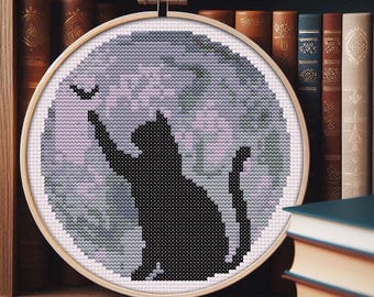 Cat Cross Stitch Pattern, Cat Silhouette cross stitch pattern Instant Download PDF, Moon Digital PDF Hand Embroidery Design to Download