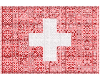 Quaker Sampler Cross Stitch Switzerland Flag tiled patchwork squares patriotic design, Independence day PDF counted chart