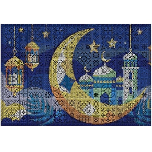 May include: A cross-stitch design featuring a crescent moon, mosque, and lanterns against a dark blue background. The moon and lanterns have yellow, orange, and green details. The design has a mosaic-like pattern.