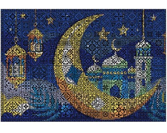 May include: A cross-stitch design featuring a crescent moon, mosque, and lanterns against a dark blue background. The moon and lanterns have yellow, orange, and green details. The design has a mosaic-like pattern.