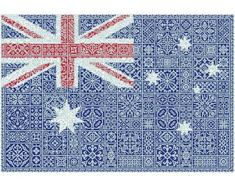 Quaker Sampler Cross Stitch Australia Flag tiled patchwork squares patriotic design, PDF counted chart