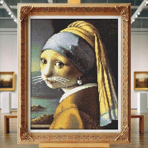 Cat Cross Stitch Pattern Johannes Vermeer - Girl with a Pearl Earring, Instant Download PDF, Digital PDF Hand Embroidery Design to Download