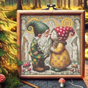 Gnome Cross Stitch Pattern, Gnomes Kiss St. Valentine DayPattern Instant Download PDF, Digital PDF Pastel Hand Embroidery Design to Download