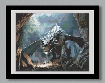 Fantasy Dragon Cross Stitch Pattern: Detailed Embroidery Design (PDF Download)