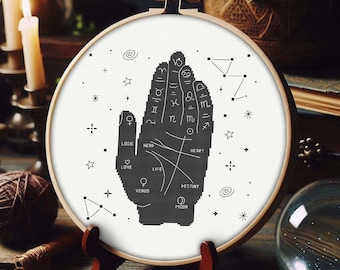 Könnte beinhalten: Ein schwarzer und weißer Stickrahmen mit einem Design einer Hand mit Linien und Symbolen, die die Handlesen darstellen. Die Hand ist von Sternen und Sternbildern umgeben.