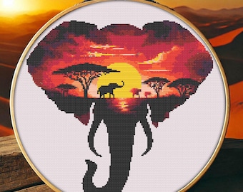 Elephant Sunset Cross Stitch Pattern: African Landscape (Digital PDF)