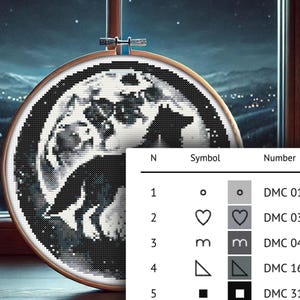 May include: A black and white cross-stitch pattern of a wolf howling at the moon. The pattern includes a key with five symbols and their corresponding DMC floss colors.